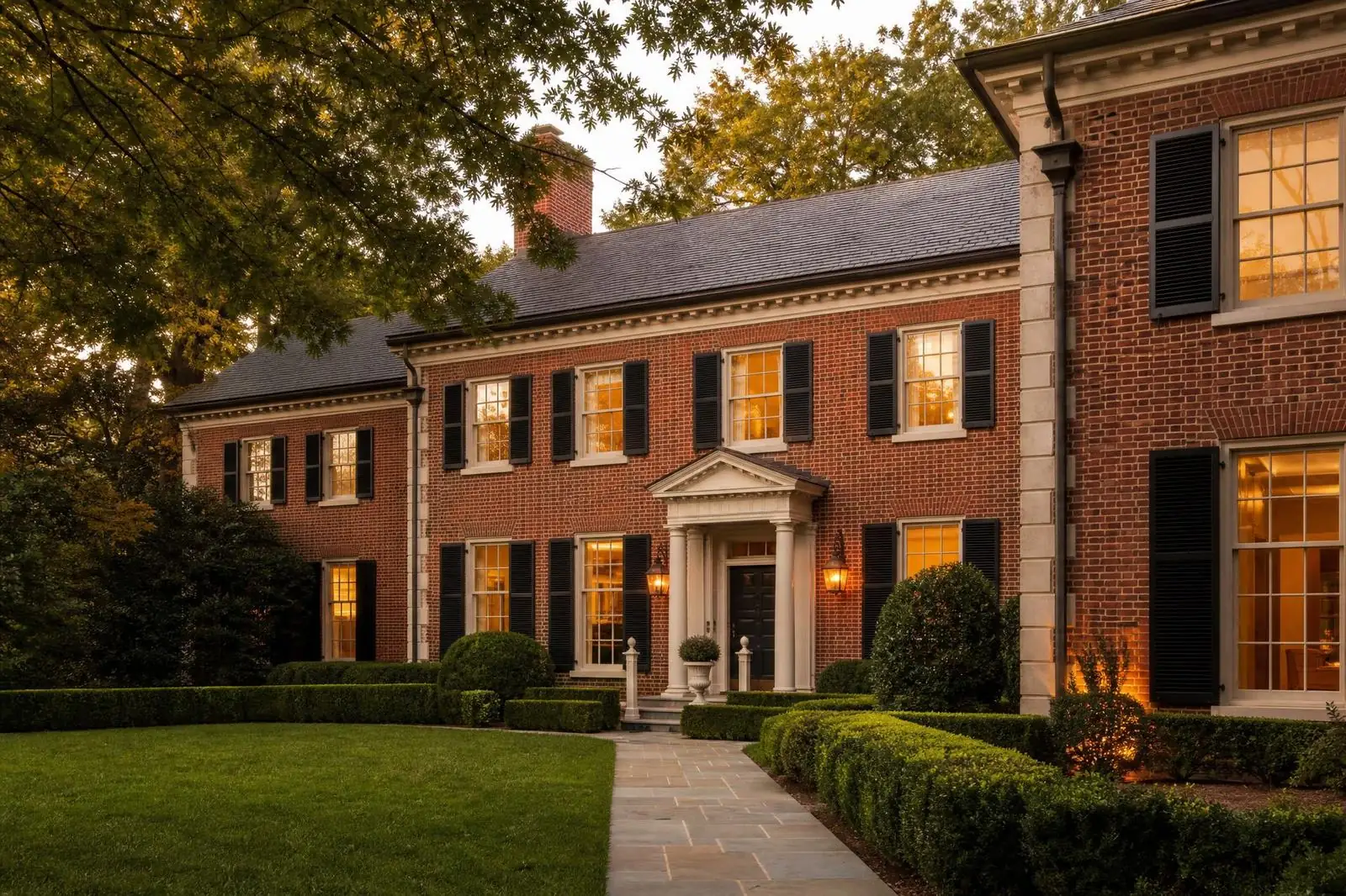 Historic Georgian estate at golden hour in Foxcroft Charlotte